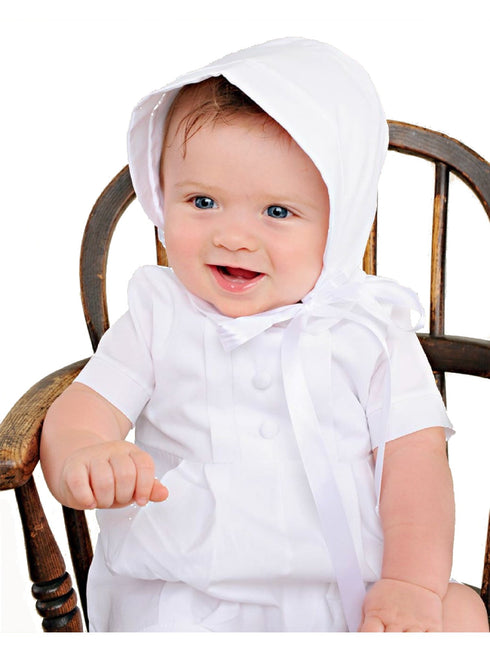 Baby Boys White Pleated Bodice Short Sleeve Baptism Romper Hat Set 0-24M - SophiasStyle.com